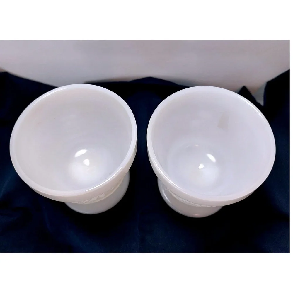 (2) ANCHOR HOCKING Footed Milk Glass Grape & Leaf Sherbet Ice Cream Dessert Cups